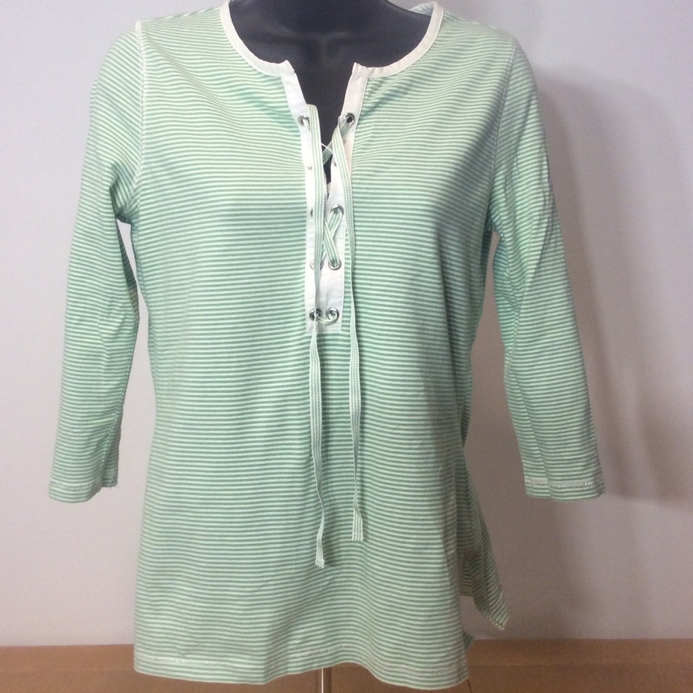 LOFT striped cotton green and white top 3/4 sleeve tee top